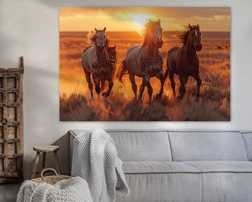 Kudde wilde paarden galoppeert de zonsondergang tegemoet van Poster Art Shop