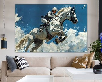 Show jumper on grey horse in competition Painted by Poster Art Shop