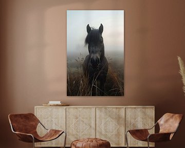 Schwarzes Pferd im Nebeligen Feld bei Tagesanbruch von Felix Brönnimann