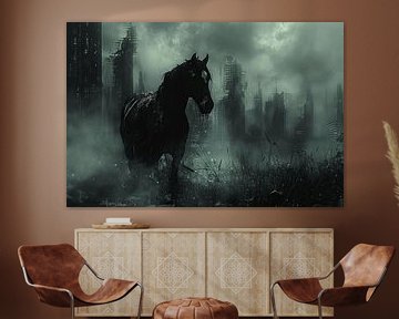Eenzaam paard in een somber apocalyptisch landschap van Felix Brönnimann