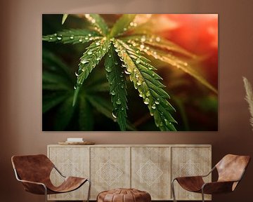 Close-up van een gloeiend cannabisblad met ochtenddauw, verlicht door zonlicht van Animaflora PicsStock