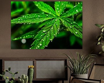 Close-up van een gloeiend cannabisblad met ochtenddauw, verlicht door zonlicht van Animaflora PicsStock