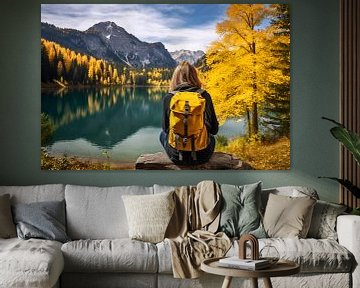 Young female hiker with a yellow rucksack looks out over a picturesque mountain lake by Animaflora PicsStock