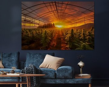 Sonnenuntergang über einer Cannabisfarm mit Pflanzenreihen in einem Gewächshaus von Animaflora PicsStock