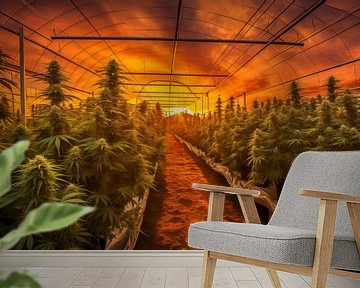 Sonnenuntergang über einer Cannabisfarm mit Pflanzenreihen in einem Gewächshaus von Animaflora PicsStock