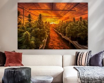 Zonsondergang over een cannabis kwekerij met rijen planten in een kas van Animaflora PicsStock