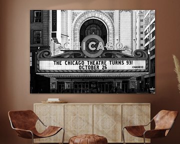 Chicago Theatre, iconisch theater in zwart wit.
