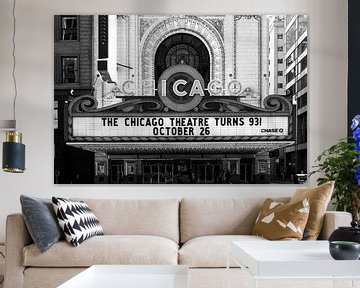 Chicago Theatre, iconisch theater in zwart wit.