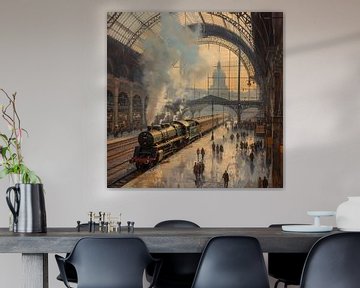 Station with steam train by Kees van den Burg