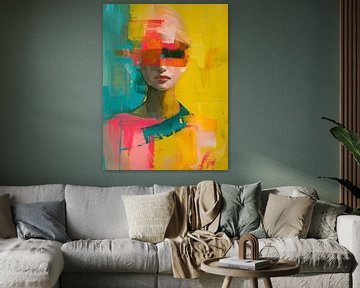 Modern abstract portret in felle neon kleuren, contemporary art. van Carla Van Iersel