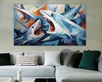 Requins abstraits cubisme panorama sur TheXclusive Art