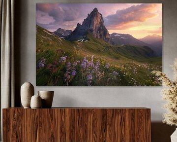 Prairies de fleurs sauvages sur fond de paysage alpin
