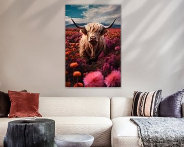 Highland cow in a field of flowers by haroulita