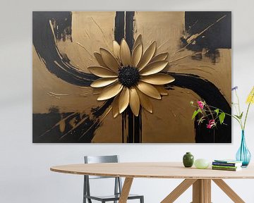 Golden Flower Abstract on Black Canvas by De Muurdecoratie