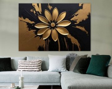 Abstract Gold Flower on Black by De Muurdecoratie