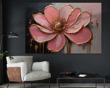 Roze Bloesem met Gouden Accenten Olieverfschilderij van De Muurdecoratie