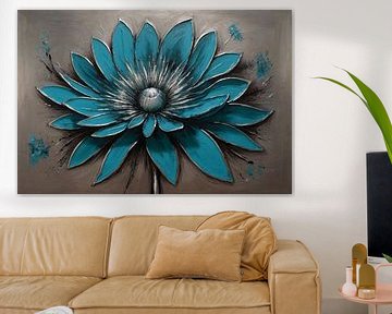 Fleur turquoise avec accents argentés sur De Muurdecoratie