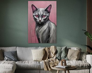 Chat argenté aux yeux roses sur fond rose sur De Muurdecoratie