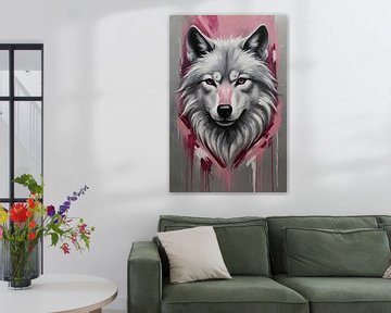 Loup abstrait dynamique avec accents roses sur De Muurdecoratie