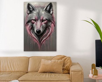 Abstract Wolf in Drops of Pink and Grey by De Muurdecoratie