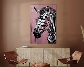 Dynamische zebra op roze met zilveren druppels van De Muurdecoratie
