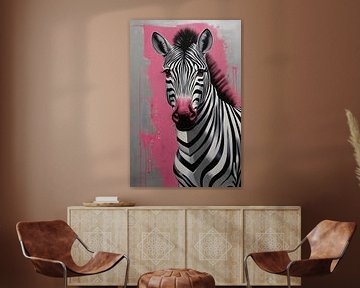 Zebra mit rosa Spritzer im modernen Stil von De Muurdecoratie