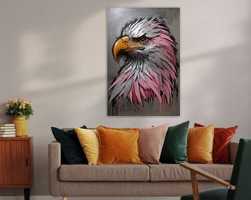 Peinture à l'huile abstraite tête d'aigle argentée et rose sur De Muurdecoratie