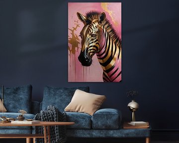 Gouden Zebra met Roze Achtergrond Kunstwerk van De Muurdecoratie