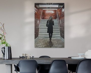 Lady on stairs. Painting by Toon Nagtegaal