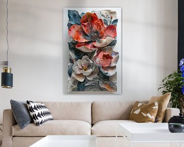 Abstract peonies flower cut-outs on modern art poster by Felix Brönnimann