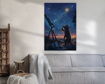 Nieuwsgierige aap bekijkt sterren door telescoop van Poster Art Shop