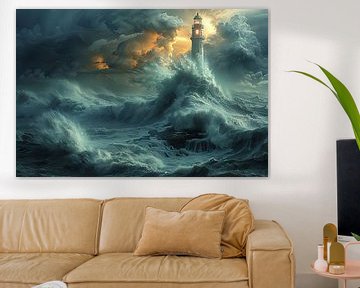 Dramatic Lighthouse Amidst Stormy Sea And Dark Clouds Nordsee von Felix Brönnimann