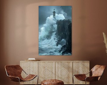 Majestueuze vuurtoren, overspoeld door stormachtige zeeën van Poster Art Shop