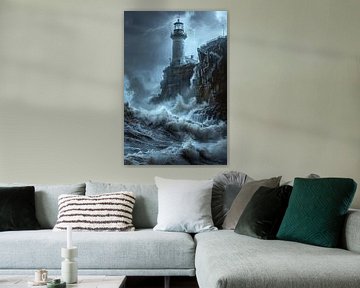 Majestätischer Leuchtturm im Sturm mit Blitz und Wellen von Felix Brönnimann