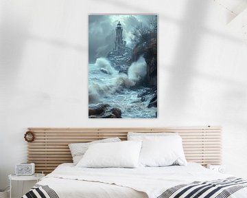 Majestueuze vuurtoren temidden van stormachtige zeeën en rotsen van Poster Art Shop