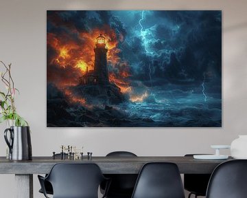 Dramatische vuurtoren in een storm met bliksem en golven van Poster Art Shop