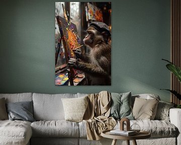 Kreativer Affe Mit Baskenmütze Malt Auf Leinwand von Felix Brönnimann