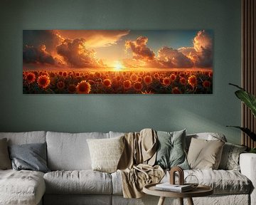 Adembenemende zonsondergang over het enorme zonnebloemveld panorama van Poster Art Shop