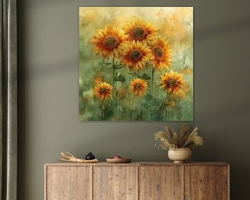 Leuchtende Sonnenblumen Poster Mit Tropfen Kunstwerk von Felix Brönnimann
