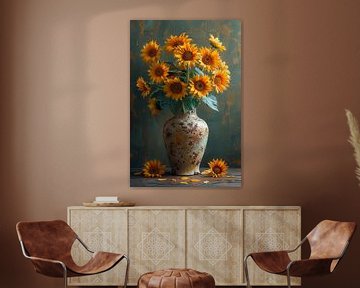 Classic still life with sunflowers in a vase by Felix Brönnimann