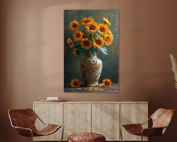 Nature morte classique avec des tournesols dans un vase sur Felix Brönnimann