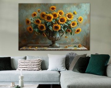 Classic still life with sunflowers in a vase by Felix Brönnimann