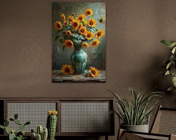 Classic still life with sunflowers in a ceramic vase by Felix Brönnimann