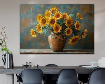 Klassiek stilleven met zonnebloemen in een keramische kan van Felix Brönnimann