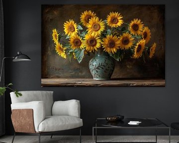 Classic still life with sunflowers in a ceramic jug by Felix Brönnimann