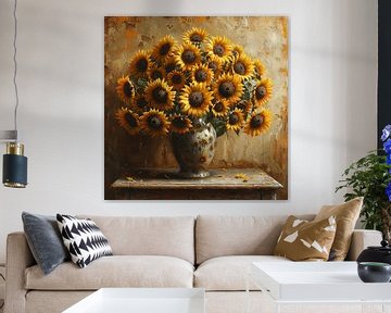 Classic still life with sunflowers in a vase by Felix Brönnimann