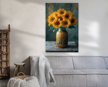 Tournesols rayonnants dans un vase rustique sur une table en bois sur Felix Brönnimann