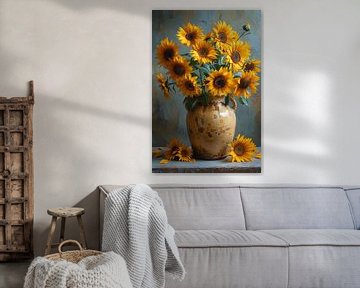 Nature morte classique avec des tournesols dans un vase sur Felix Brönnimann