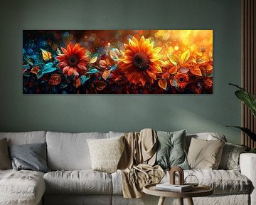 Geometrische voorstelling van zonnebloemen in heldere kleuren van Poster Art Shop