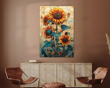 Kleurrijke zonnebloemen met geometrische achtergrondkunst van Poster Art Shop